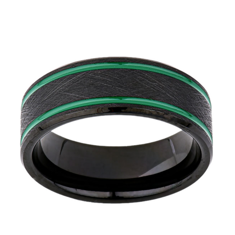 Green Mens Designer Ring - 8MM - Double Groove - Black Brushed Tungsten Ring - New Mens Ring