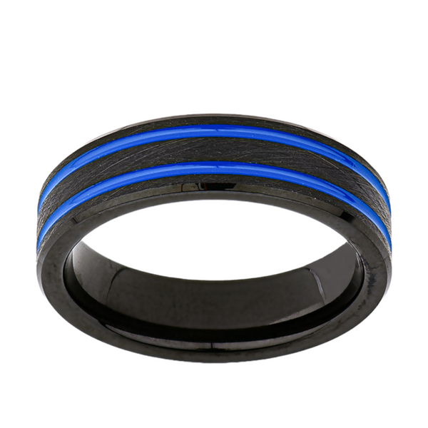 Blue Mens Designer Ring - 6MM - Double Groove - Black Brushed Tungsten Ring - New Mens Ring