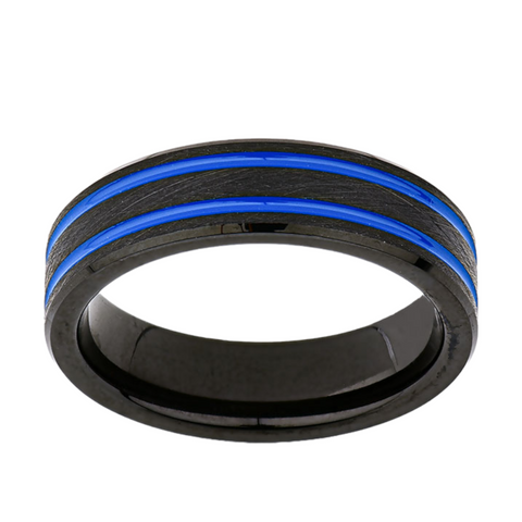 Blue Mens Designer Ring - 6MM - Double Groove - Black Brushed Tungsten Ring - New Mens Ring