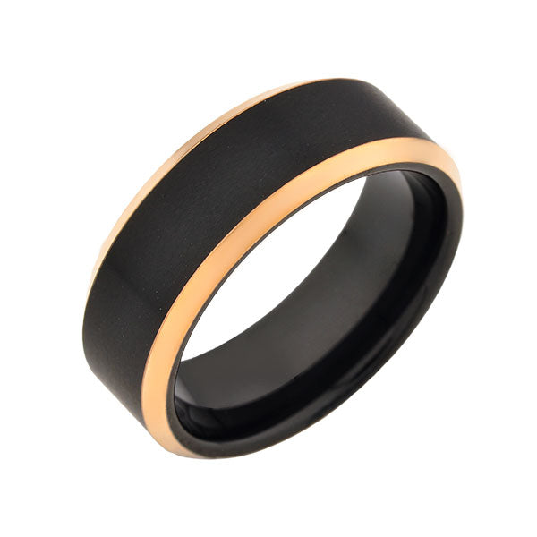 Black Tungsten Wedding Band -Rose Gold - Beveled Edges - Black Brushed Ring - 8mm Ring - Mens Ring - LUXURY BANDS LA