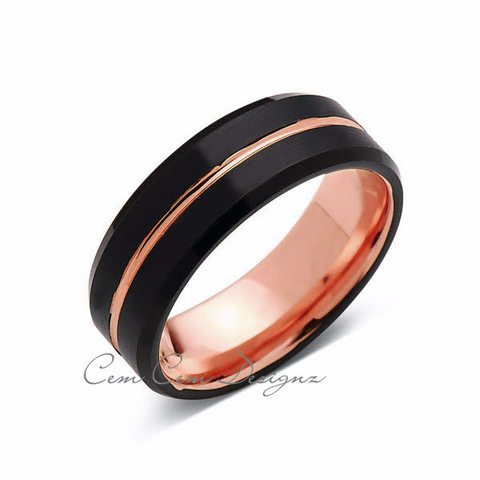 Rose Gold Tungsten Wedding Band - Black Brushed Tungsten Ring - 8mm - Mens Ring - Tungsten Carbide - Engagement Band - Comfort Fit - LUXURY BANDS LA