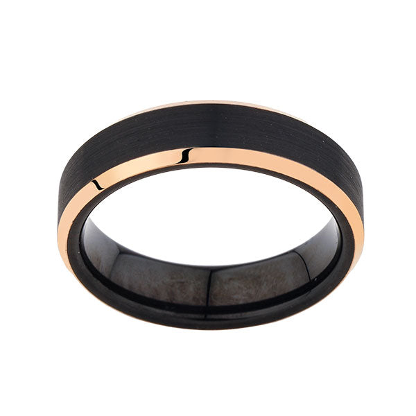 Black Tungsten Wedding Band -Rose Gold - Beveled Edges - Black Brushed Ring - 6mm Ring - Mens Ring - LUXURY BANDS LA