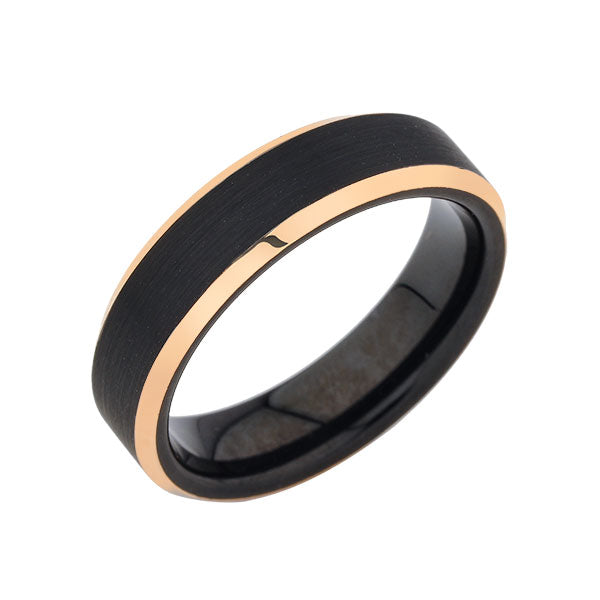 Black Tungsten Wedding Band -Rose Gold - Beveled Edges - Black Brushed Ring - 6mm Ring - Mens Ring - LUXURY BANDS LA