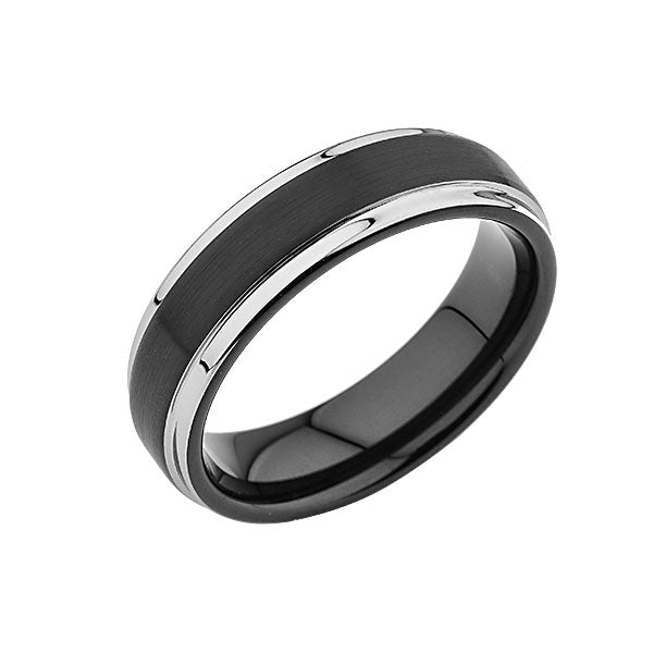 Black Tungsten Wedding Band - 6MM - Silver - Stepped Edges - Unique - Mens Ring - LUXURY BANDS LA