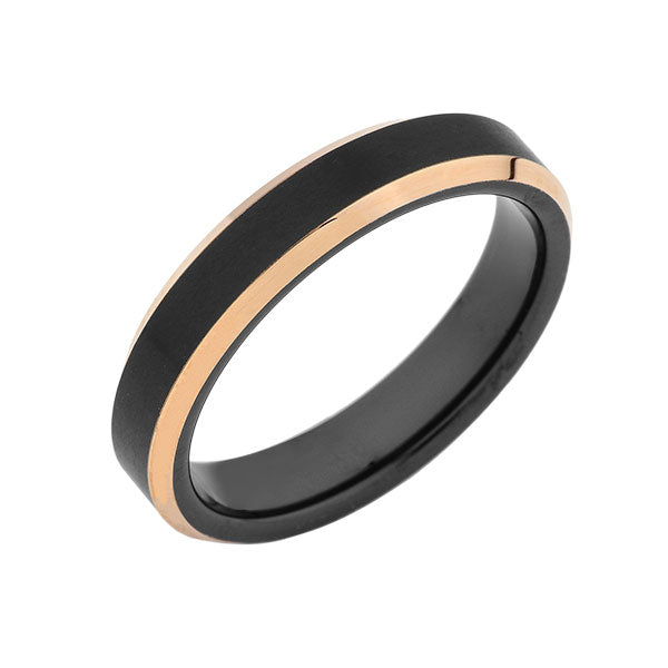 Black Tungsten Wedding Band -Rose Gold - Beveled Edges - Black Brushed Ring - 4mm Ring - His and Hers Bands - LUXURY BANDS LA