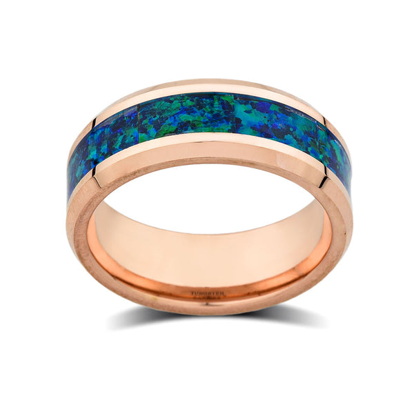 Rose Gold Opal Tungsten Ring -  Mens Opal Engagent Band - Comfort Fit - Unique Ring