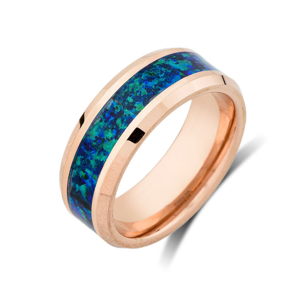 Rose Gold Opal Tungsten Ring -  Mens Opal Engagent Band - Comfort Fit - Unique Ring