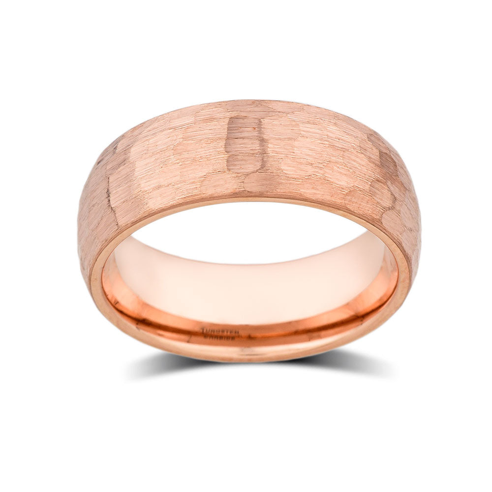 Rose Gold Tungsten Wedding Band - Hammer Finished Brushed Rose Gold Tungsten Ring - 8mm - LUXURY BANDS LA