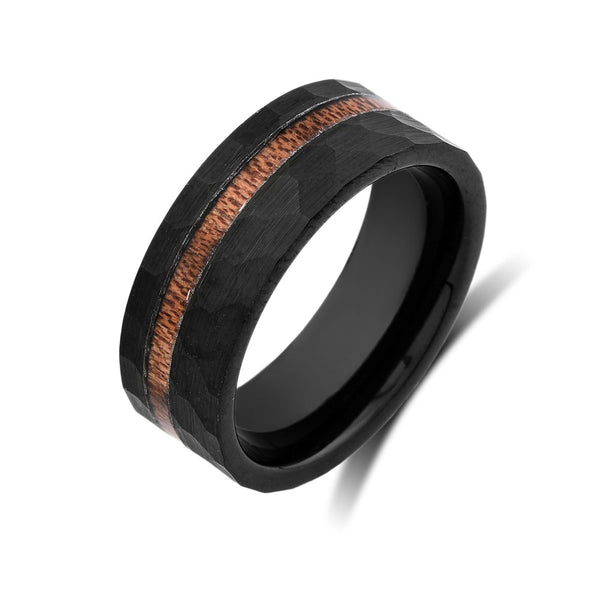 Koa Wood Wedding Ring - Black Brushed Tungsten Band - Offset Koa Wood Ring - Hawaiian Koa Wood