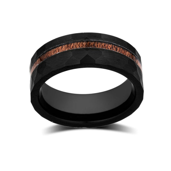 Koa Wood Wedding Ring - Black Brushed Tungsten Band - Offset Koa Wood Ring - Hawaiian Koa Wood
