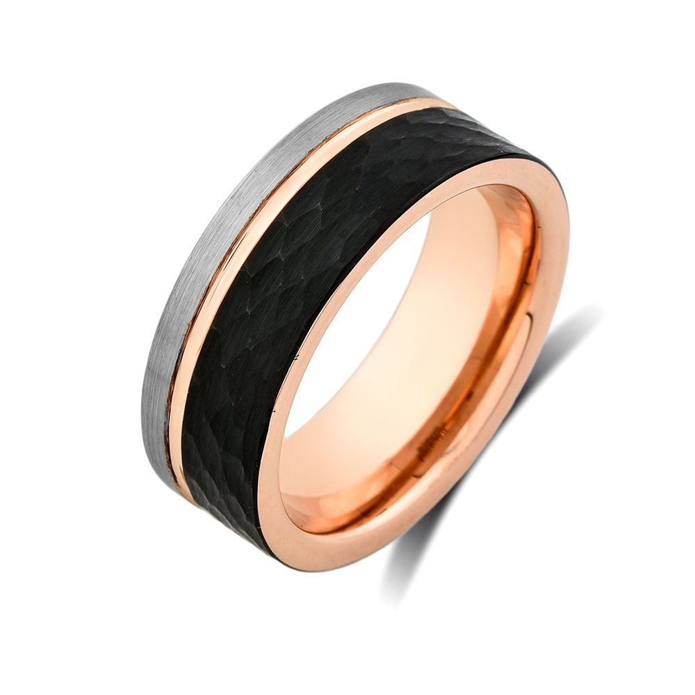 Rose Gold Tungsten Wedding Band - Hammer Finished - Black and Gray Brushed Tungsten Ring - 8mm - Mens Ring