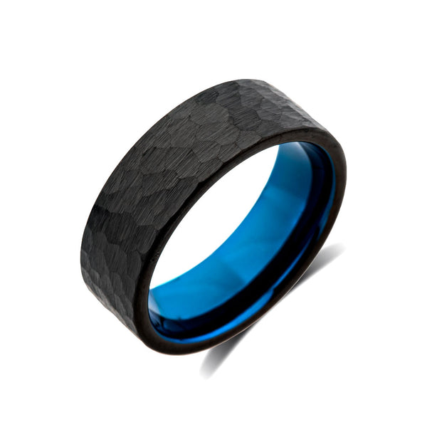 Blue Tungsten Wedding Band - Black Brushed Mens Ring - Hammer Finish Edges - 8mm - Tungsten Carbide