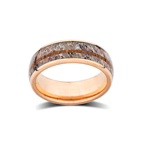 Deer Antler Ring - Rose Gold - Koa Wood Tungsten Band - Luxury Wedding Bands - 8mm