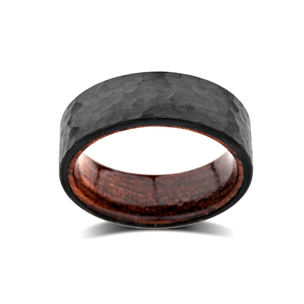 Koa Wood Wedding Ring - Hammer Finish - Satin Black Brushed - Tungsten Band - Hawaiian Koa Wood - 8mm
