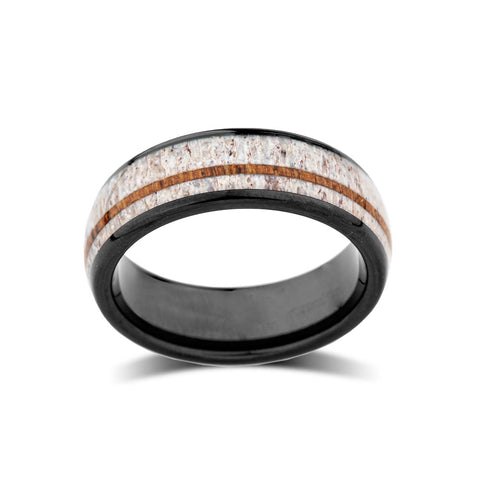 Mens Deer Antler Ring - Koa Wood Tungsten Band - Luxury Wedding Bands - 8mm