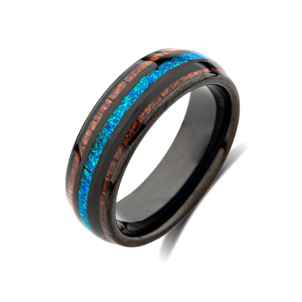 Koa Wood Wedding Ring - Mens Opal Tungsten Engagement Band - 8mm - Comfort Fit