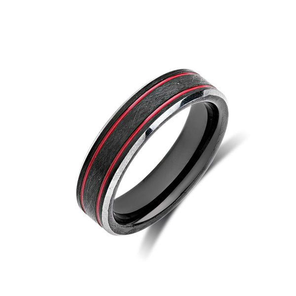 Black Brushed Tungsten Ring - Red Tungsten Wedding Band - 6mm - Mens Ring