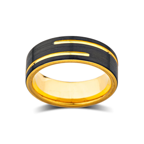 Mens Yellow Gold Wedding Band - Black Brushed Ring - Tungsten Carbide - 8mm