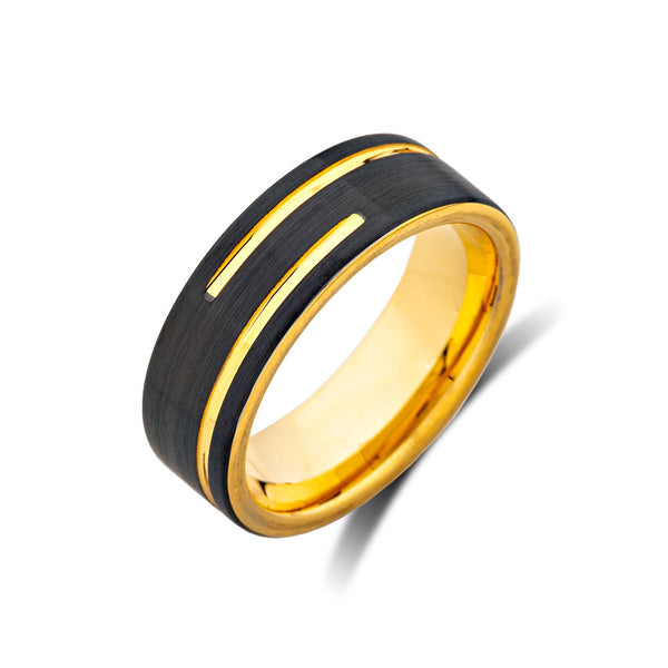 Mens Yellow Gold Wedding Band - Black Brushed Ring - Tungsten Carbide - 8mm Ring - Unique Jewelry