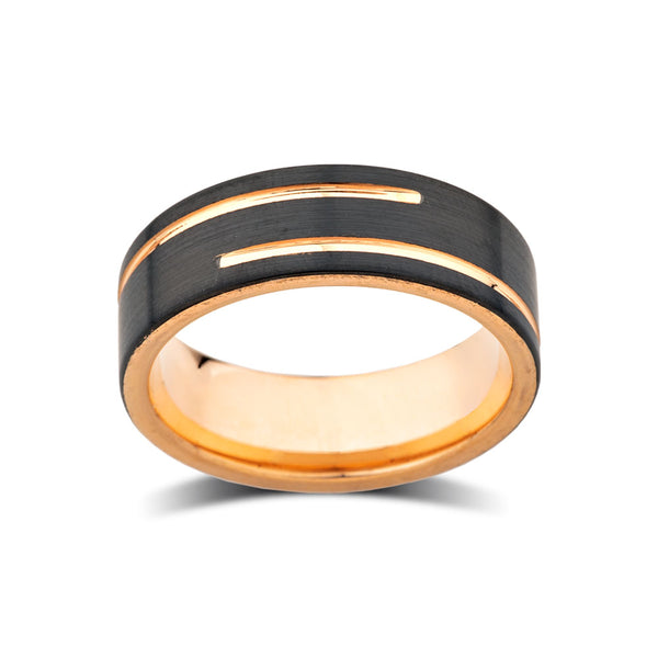 Mens Rose Gold Wedding Band - Black Tungsten Ring - Rose Groove Brushed Ring - 8mm