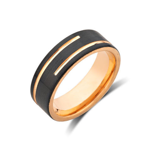 Mens Rose Gold Wedding Band - Black - Rose Groove Brushed Ring - 8mm Ring - Unique Engagment Band - Comfor Fit
