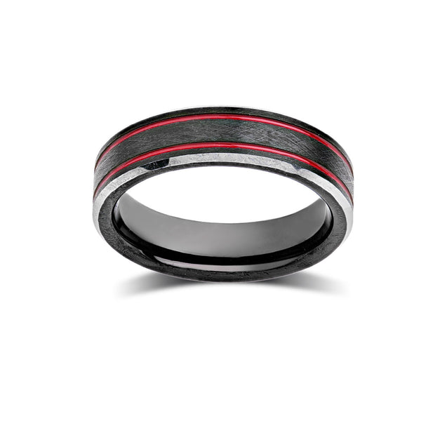 Black Brushed Tungsten Ring - Red Tungsten Wedding Band - 6mm - Mens Ring