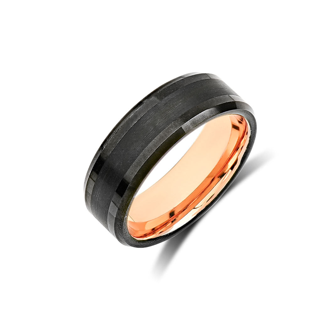 Rose Gold Tungsten Wedding Band - Black Brushed Ring - 8mm Ring - Unique Engagment Band - Comfort Fit