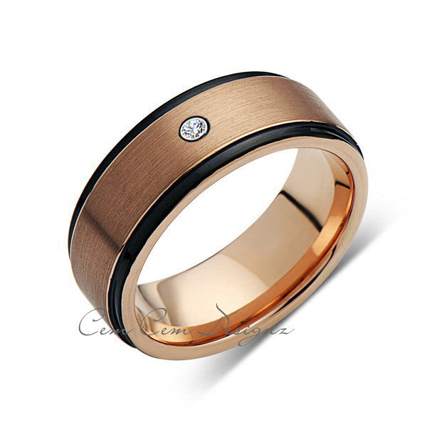 8mm,New,Diamond,Rose Brushed,Rose Gold,Black Grooves,Tungsten Ring,Mens Wedding Band,Comfort Fit - LUXURY BANDS LA