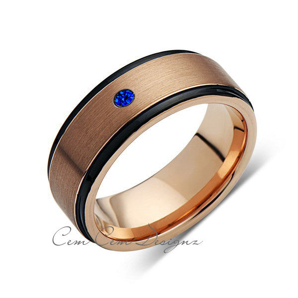8mm,New,Blue Sapphire,Rose Brushed,Rose Gold,Black Grooves,Tungsten Ring,Mens Wedding Band,Comfort Fit - LUXURY BANDS LA