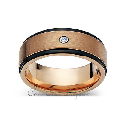 8mm,New,Diamond,Rose Brushed,Rose Gold,Black Grooves,Tungsten Ring,Mens Wedding Band,Comfort Fit - LUXURY BANDS LA
