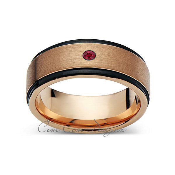 8mm,New,Red Ruby,Rose Brushed,Rose Gold,Black Grooves,Tungsten Ring,Mens Wedding Band,Comfort Fit - LUXURY BANDS LA