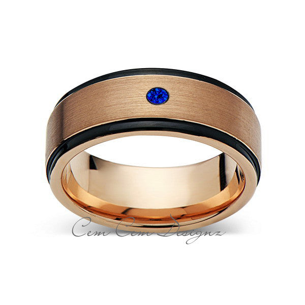 8mm,New,Blue Sapphire,Rose Brushed,Rose Gold,Black Grooves,Tungsten Ring,Mens Wedding Band,Comfort Fit - LUXURY BANDS LA