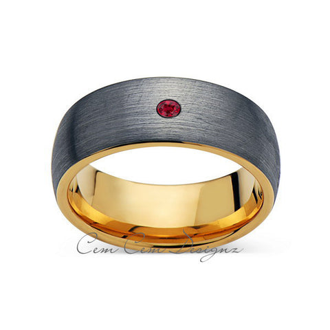 8mm,Mens,Red Ruby,Gray Brushed,Yellow Gold,Tungsten Ring,Yellow Gold,Wedding Band,Comfort Fit - LUXURY BANDS LA
