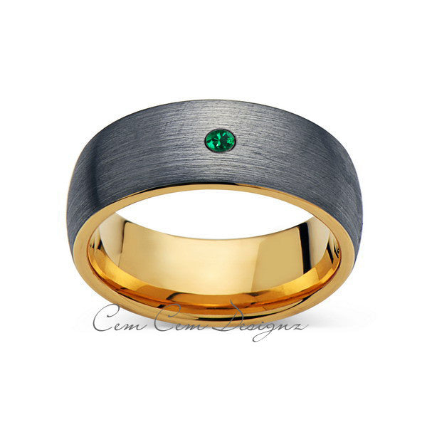 8mm,Mens,Green Emerald,Gray Brushed,Yellow Gold,Tungsten Ring,Yellow Gold,Birthstone,Wedding Band,Comfort Fit - LUXURY BANDS LA