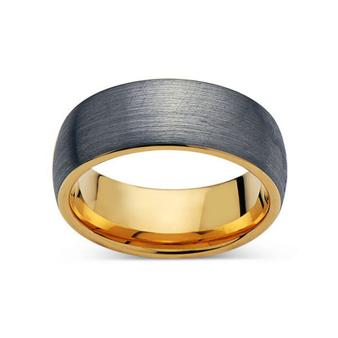 Yellow Gold Wedding Band - Brushed Gray Tungsten Ring - Unique - Dome - Tungsten Wedding Band - LUXURY BANDS LA