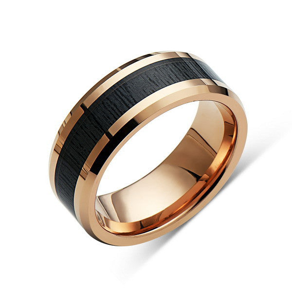 Koa Wood Wedding Ring - Rose Gold Tungsten Band - Hawaiian Dark Koa Wood - 8mm - Mens - Comfort Fit - LUXURY BANDS LA