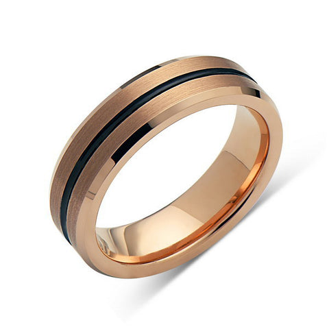 Rose Gold Tungsten Wedding Band - Black Grooved - Brushed Rose Gold Tungsten Ring - 6mm - Mens Ring - Tungsten Carbide - Engagement Band - Comfort Fit - LUXURY BANDS LA