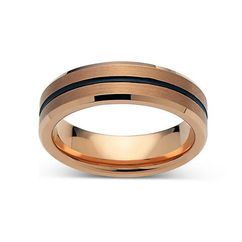 Rose Gold Tungsten Wedding Band - Black Grooved - Brushed Rose Gold Tungsten Ring - 6mm - Mens Ring - Tungsten Carbide - Engagement Band - Comfort Fit - LUXURY BANDS LA