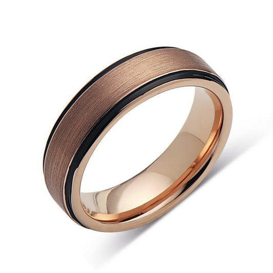 Rose Gold Tungsten Wedding Band - Black Edges - Brushed Rose Gold Tungsten Ring - 6mm - Mens Ring - Tungsten Carbide - Engagement Band - Comfort Fit - LUXURY BANDS LA