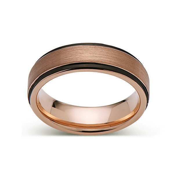 Rose Gold Tungsten Wedding Band - Black Edges - Brushed Rose Gold Tungsten Ring - 6mm - Mens Ring - Tungsten Carbide - Engagement Band - Comfort Fit - LUXURY BANDS LA