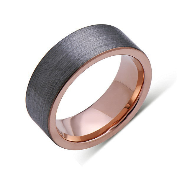 Rose Gold Tungsten Wedding Band - Gray Brushed Tungsten Ring - 8mm - Pipe Cut - Mens Ring - Tungsten Carbide - Engagement Band - Comfort Fit - LUXURY BANDS LA