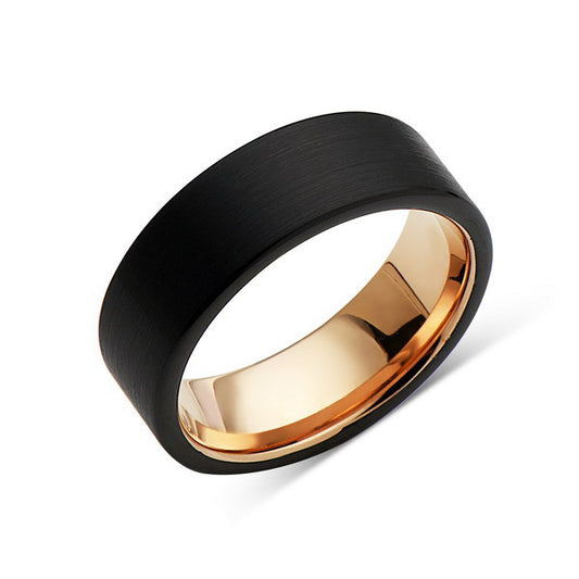 Rose Gold Tungsten Wedding Band - Black Brushed Ring - 8mm Ring - Pipe Cut - Engagement Band - Comfort Fit - LUXURY BANDS LA