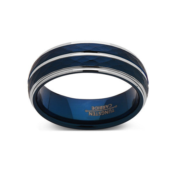 Blue Tungsten Wedding Band - Hammered Tungsten Ring - 8mm - Silver Stepped Edges - Mens Ring - Tungsten Carbide - Engagement Band - Comfort Fit - LUXURY BANDS LA