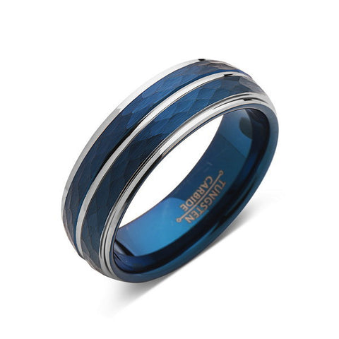 Blue Tungsten Wedding Band - Hammered Tungsten Ring - 8mm - Silver Stepped Edges - Mens Ring - Tungsten Carbide - Engagement Band - Comfort Fit - LUXURY BANDS LA