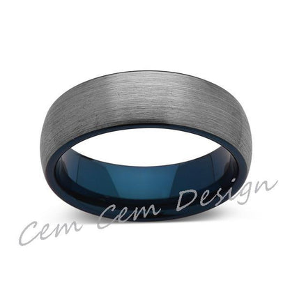 Blue Tungsten Wedding Band - Gray Brushed Tungsten Ring - 8mm - Mens Ring - Tungsten Carbide - Engagement Band - Comfort Fit - LUXURY BANDS LA