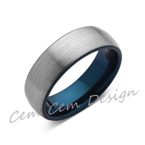 Blue Tungsten Wedding Band - Gray Brushed Tungsten Ring - 8mm - Mens Ring - Tungsten Carbide - Engagement Band - Comfort Fit - LUXURY BANDS LA