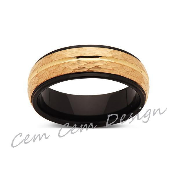 8mm,Hammered,Yellow Gold,Unique,Black and Yellow Tungsten Ring,Men's Wedding Band,Mens Band,Comfort Fit - LUXURY BANDS LA