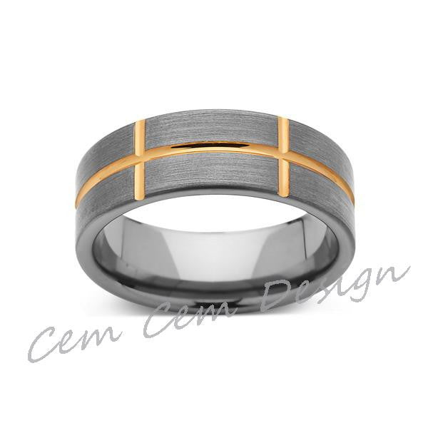 Yellow Gold Tungsten Ring - Brushed Gray Mens Wedding Band - Tungsten Ring - 8MM - Comfort Fit - LUXURY BANDS LA