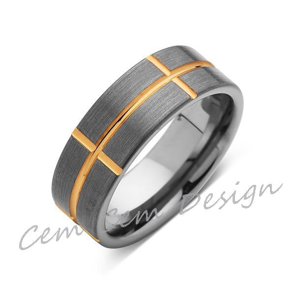 Yellow Gold Tungsten Ring - Brushed Gray Mens Wedding Band - Tungsten Ring - 8MM - Comfort Fit - LUXURY BANDS LA