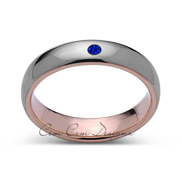 6mm,Mens,Blue Sapphire,Gray ,Rose Gold,Tungsten Ring,Rose Gold,Wedding Band,Comfort Fit - LUXURY BANDS LA